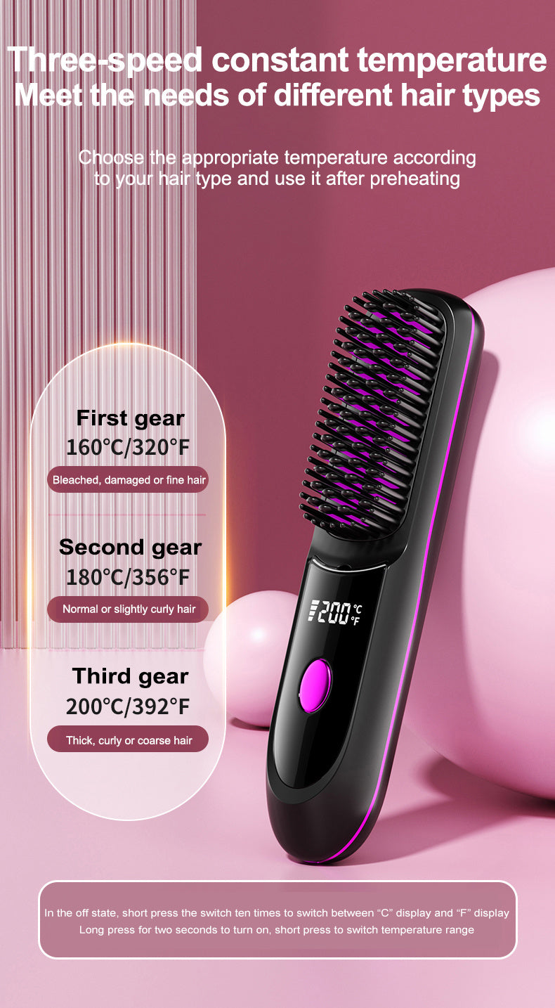 Portable Wireless Straightening Brush Type-C Quick Charge & Seat Charge Double Charging LCD Screen Display Constant Temperature Portable Styling Tool 2600/3200mAh Lithium Batter