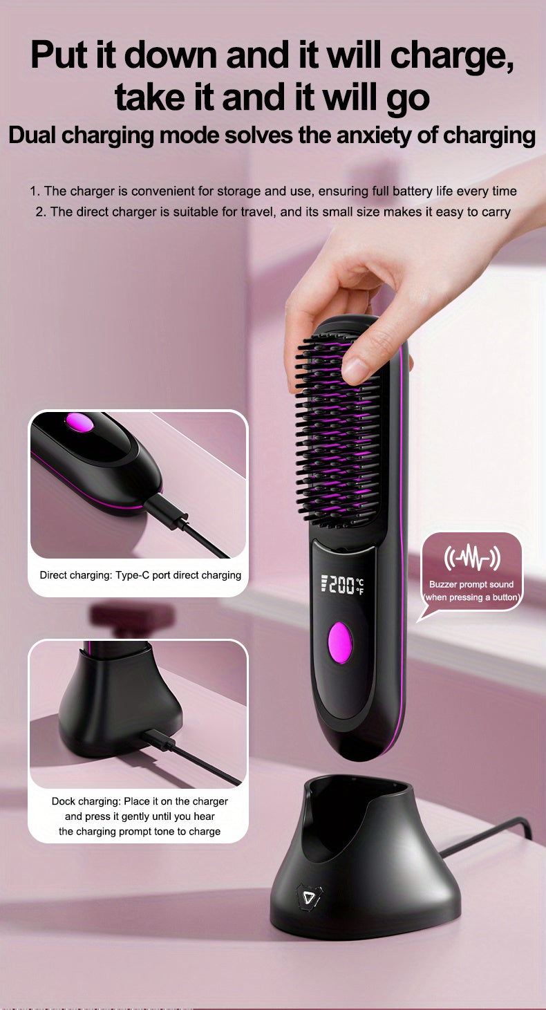 Portable Wireless Straightening Brush Type-C Quick Charge & Seat Charge Double Charging LCD Screen Display Constant Temperature Portable Styling Tool 2600/3200mAh Lithium Batter