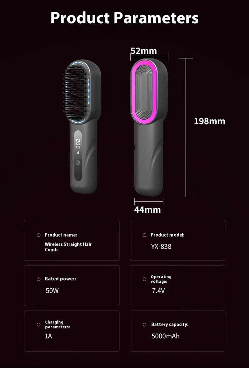Peigne chauffant lissant/bouclant sans fil, rechargeable, anti-brûlure, avec technologie ionique