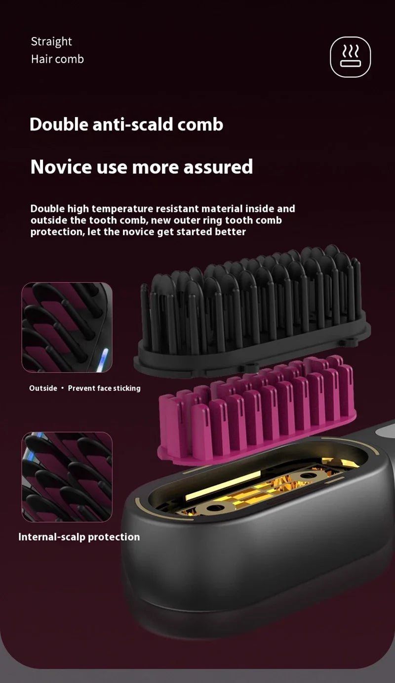 Peigne chauffant lissant/bouclant sans fil, rechargeable, anti-brûlure, avec technologie ionique