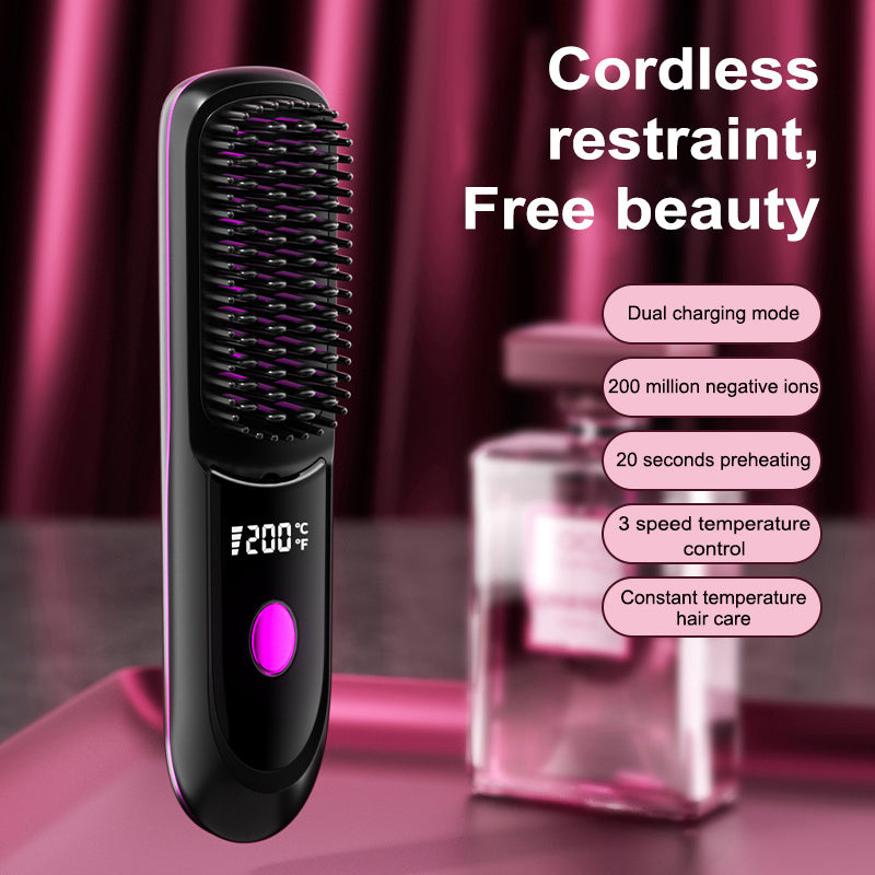 Portable Wireless Straightening Brush Type-C Quick Charge & Seat Charge Double Charging LCD Screen Display Constant Temperature Portable Styling Tool 2600/3200mAh Lithium Batter