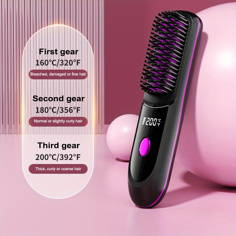 Portable Wireless Straightening Brush Type-C Quick Charge & Seat Charge Double Charging LCD Screen Display Constant Temperature Portable Styling Tool 2600/3200mAh Lithium Batter