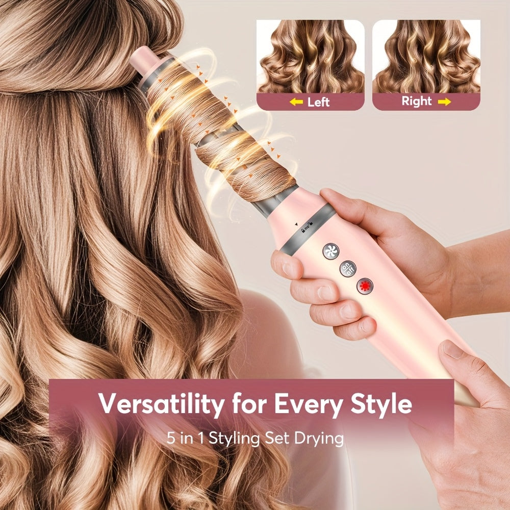 Sèche-cheveux brosse 5-en-1 avec embouts pour lisser, boucler et sécher, moteur haute vitesse, technologie ionique, avec sac rose