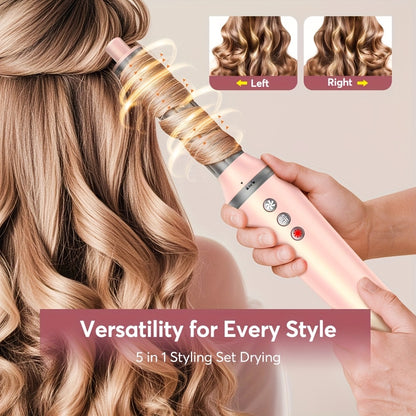 Sèche-cheveux brosse 5-en-1 avec embouts pour lisser, boucler et sécher, moteur haute vitesse, technologie ionique, avec sac rose