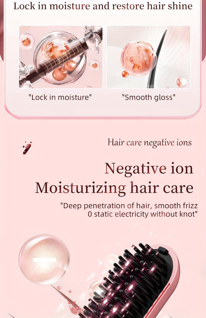 Portable Cordless Hair Straightener Comb - Negative Ion Technology, 30W Fast Hair Straightening, Rechargeable USB-Powered Mini Styling Tool for Dorm, Travel & Home Use (Pink), Sleek Handle Design, Ergonomic Grip, Protective C