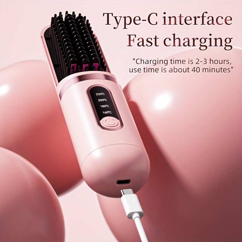 Portable Cordless Hair Straightener Comb - Negative Ion Technology, 30W Fast Hair Straightening, Rechargeable USB-Powered Mini Styling Tool for Dorm, Travel & Home Use (Pink), Sleek Handle Design, Ergonomic Grip, Protective C