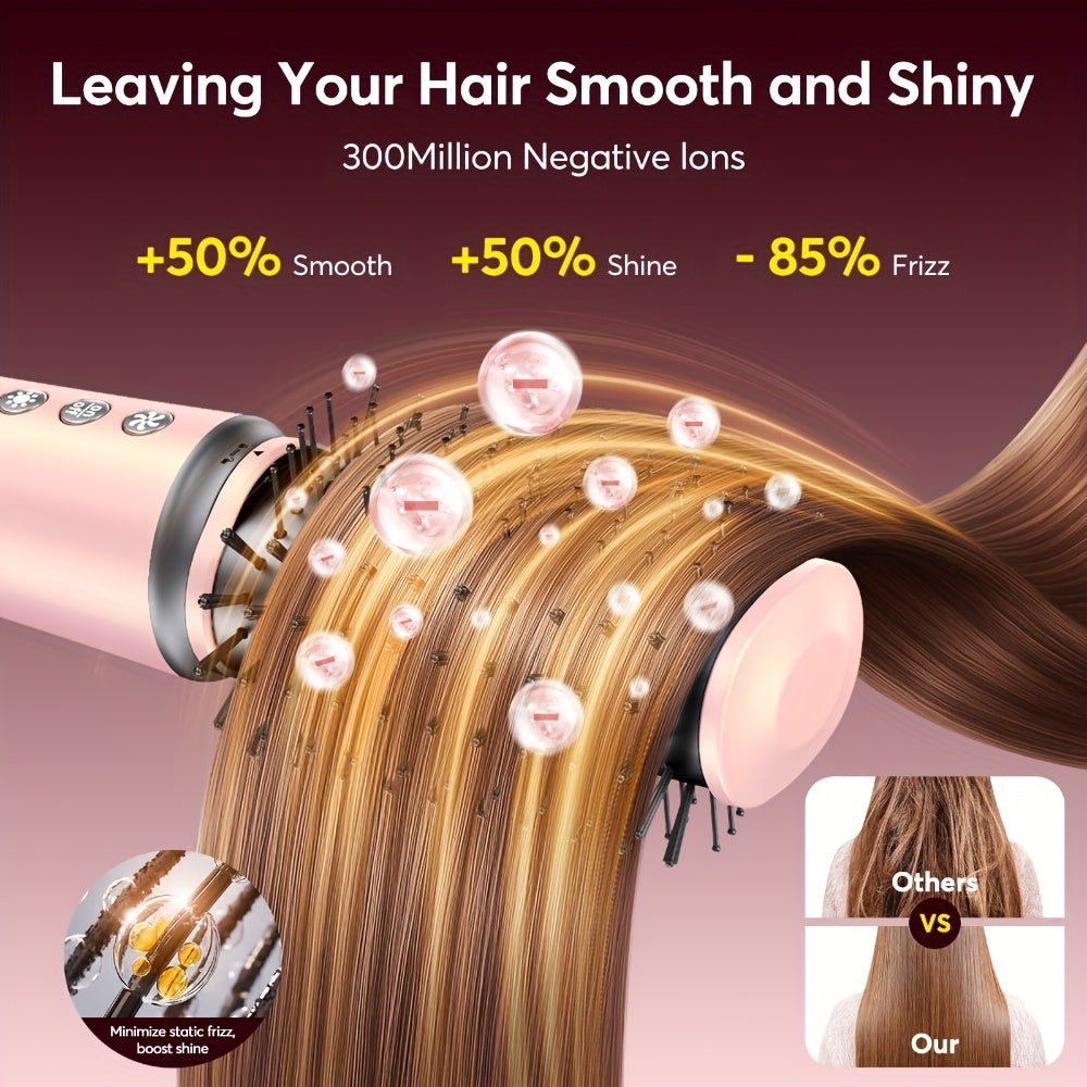 Sèche-cheveux brosse 5-en-1 avec embouts pour lisser, boucler et sécher, moteur haute vitesse, technologie ionique, avec sac rose