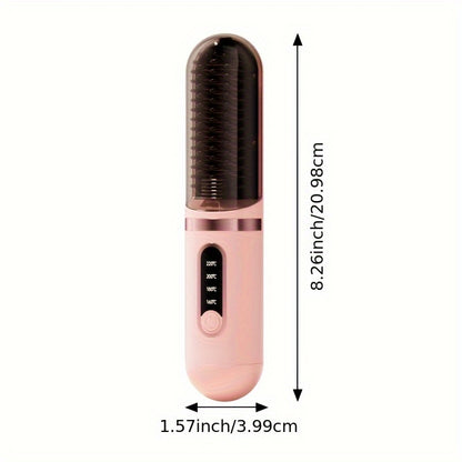 Portable Cordless Hair Straightener Comb - Negative Ion Technology, 30W Fast Hair Straightening, Rechargeable USB-Powered Mini Styling Tool for Dorm, Travel & Home Use (Pink), Sleek Handle Design, Ergonomic Grip, Protective C