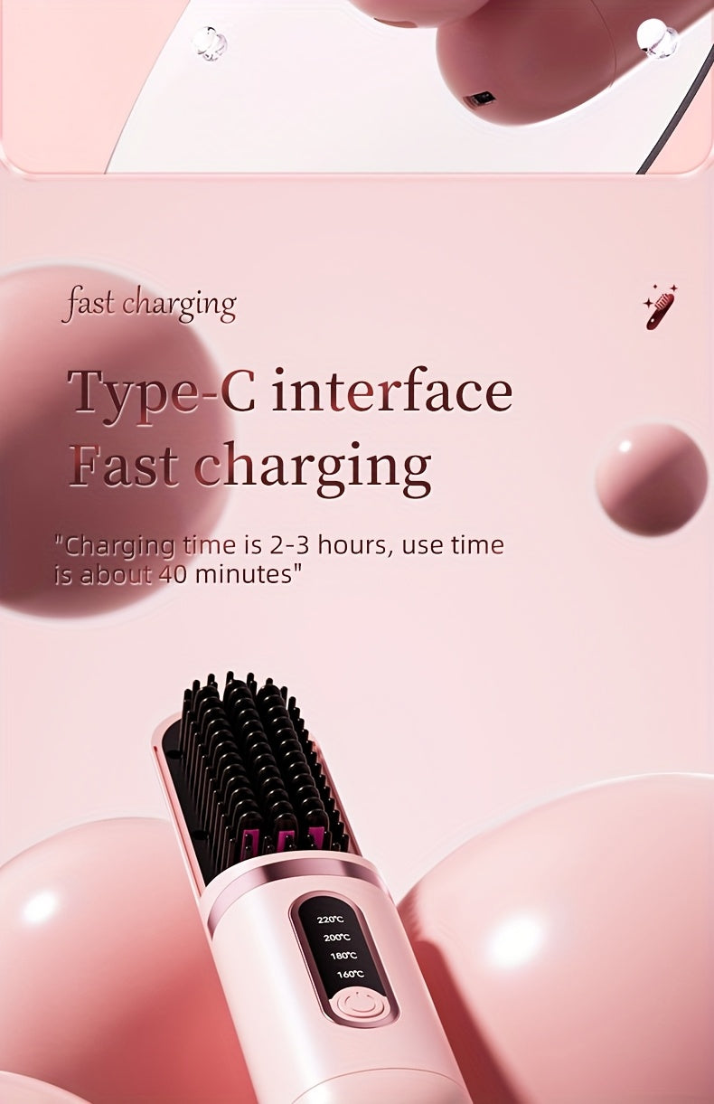Portable Cordless Hair Straightener Comb - Negative Ion Technology, 30W Fast Hair Straightening, Rechargeable USB-Powered Mini Styling Tool for Dorm, Travel & Home Use (Pink), Sleek Handle Design, Ergonomic Grip, Protective C