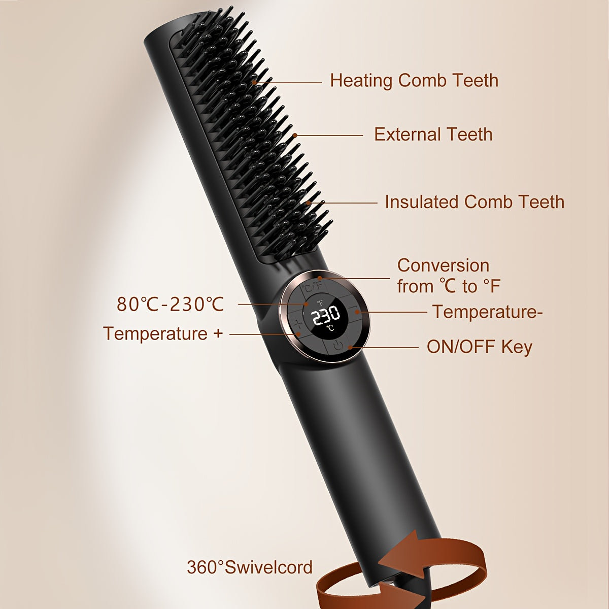 Brosse lissante 2-en-1 avec 15 réglages de chaleur, chauffe en 30s, écran LCD et double voltage, qualité salon