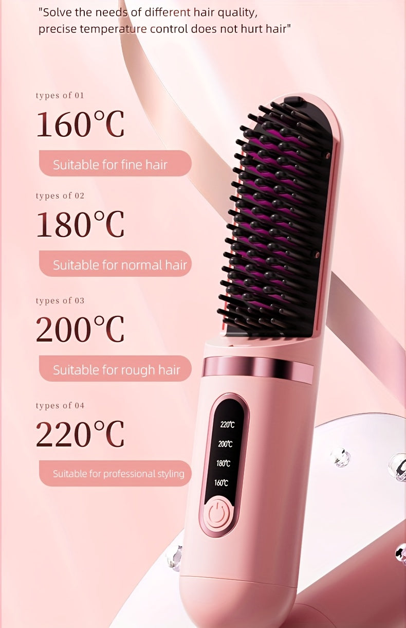 Portable Cordless Hair Straightener Comb - Negative Ion Technology, 30W Fast Hair Straightening, Rechargeable USB-Powered Mini Styling Tool for Dorm, Travel & Home Use (Pink), Sleek Handle Design, Ergonomic Grip, Protective C