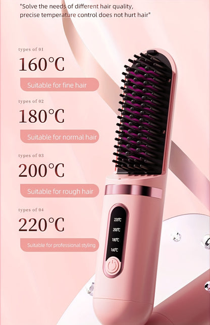 Portable Cordless Hair Straightener Comb - Negative Ion Technology, 30W Fast Hair Straightening, Rechargeable USB-Powered Mini Styling Tool for Dorm, Travel & Home Use (Pink), Sleek Handle Design, Ergonomic Grip, Protective C