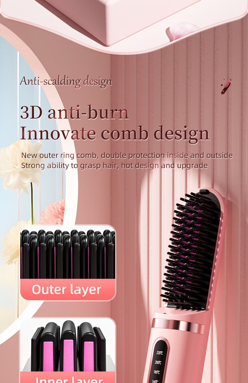 Portable Cordless Hair Straightener Comb - Negative Ion Technology, 30W Fast Hair Straightening, Rechargeable USB-Powered Mini Styling Tool for Dorm, Travel & Home Use (Pink), Sleek Handle Design, Ergonomic Grip, Protective C