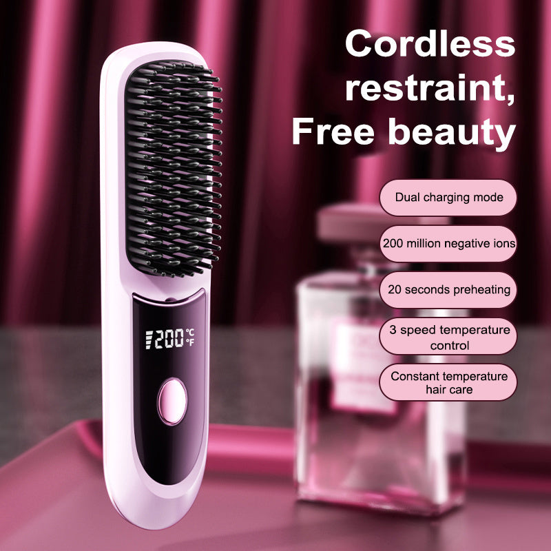 Portable Wireless Straightening Brush Type-C Quick Charge & Seat Charge Double Charging LCD Screen Display Constant Temperature Portable Styling Tool 2600/3200mAh Lithium Batter