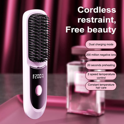 Portable Wireless Straightening Brush Type-C Quick Charge & Seat Charge Double Charging LCD Screen Display Constant Temperature Portable Styling Tool 2600/3200mAh Lithium Batter
