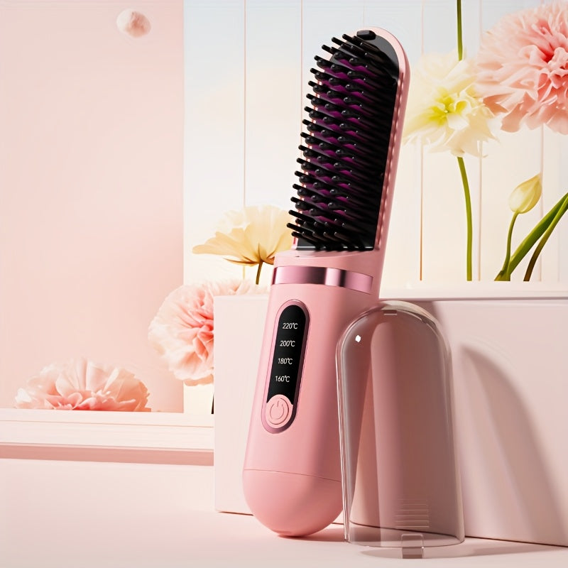 Portable Cordless Hair Straightener Comb - Negative Ion Technology, 30W Fast Hair Straightening, Rechargeable USB-Powered Mini Styling Tool for Dorm, Travel & Home Use (Pink), Sleek Handle Design, Ergonomic Grip, Protective C