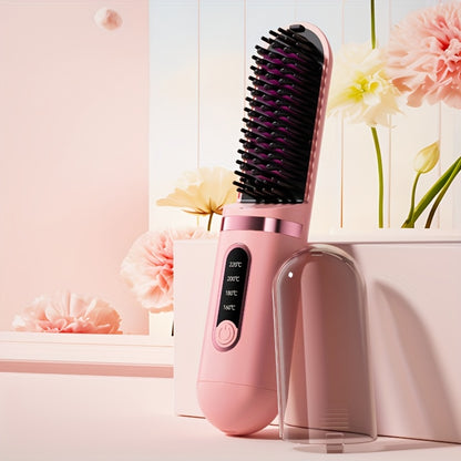Portable Cordless Hair Straightener Comb - Negative Ion Technology, 30W Fast Hair Straightening, Rechargeable USB-Powered Mini Styling Tool for Dorm, Travel & Home Use (Pink), Sleek Handle Design, Ergonomic Grip, Protective C