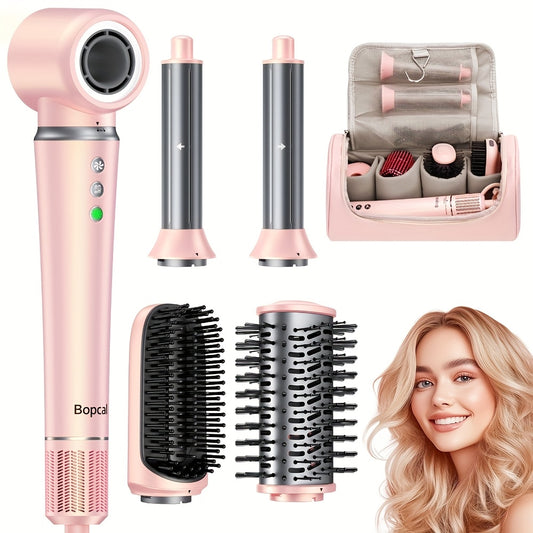 Sèche-cheveux brosse 5-en-1 avec embouts pour lisser, boucler et sécher, moteur haute vitesse, technologie ionique, avec sac rose
