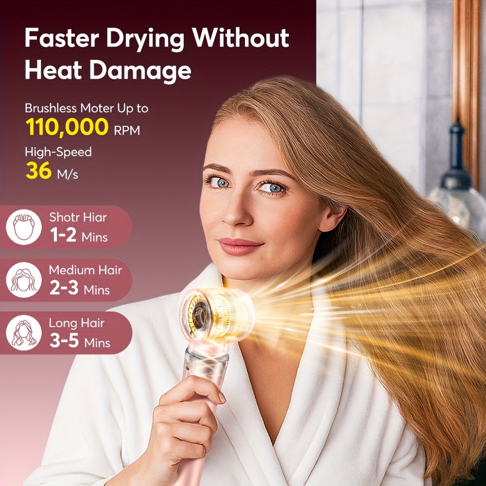 Sèche-cheveux brosse 5-en-1 avec embouts pour lisser, boucler et sécher, moteur haute vitesse, technologie ionique, avec sac rose