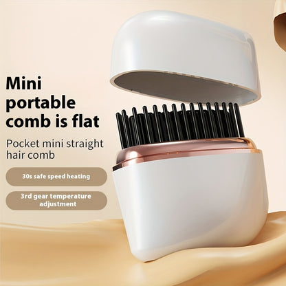 Mini wireless hair straightening comb, portable small hair straightening comb, USB charging portable hair straightener brush, compact heated comb