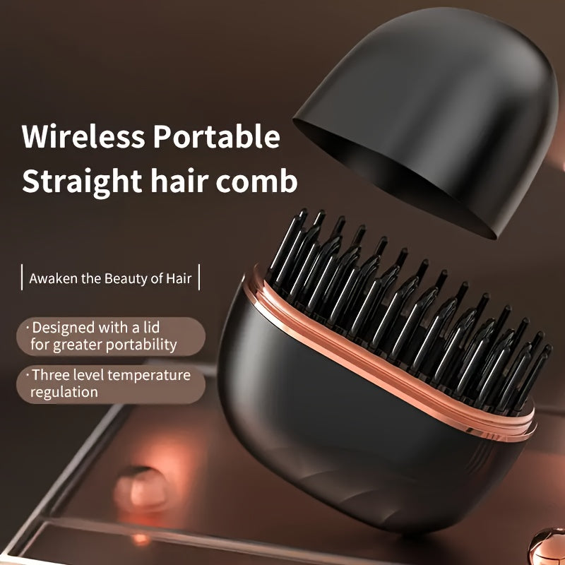 Compact Wireless Straightening Comb - Portable USB Charging Travel Essential, 3-Temperature Control, Copper Heating Plates for Smooth Styling, Portable Hair Styler | Fashionable Modern Design | Mini Hair Straightener