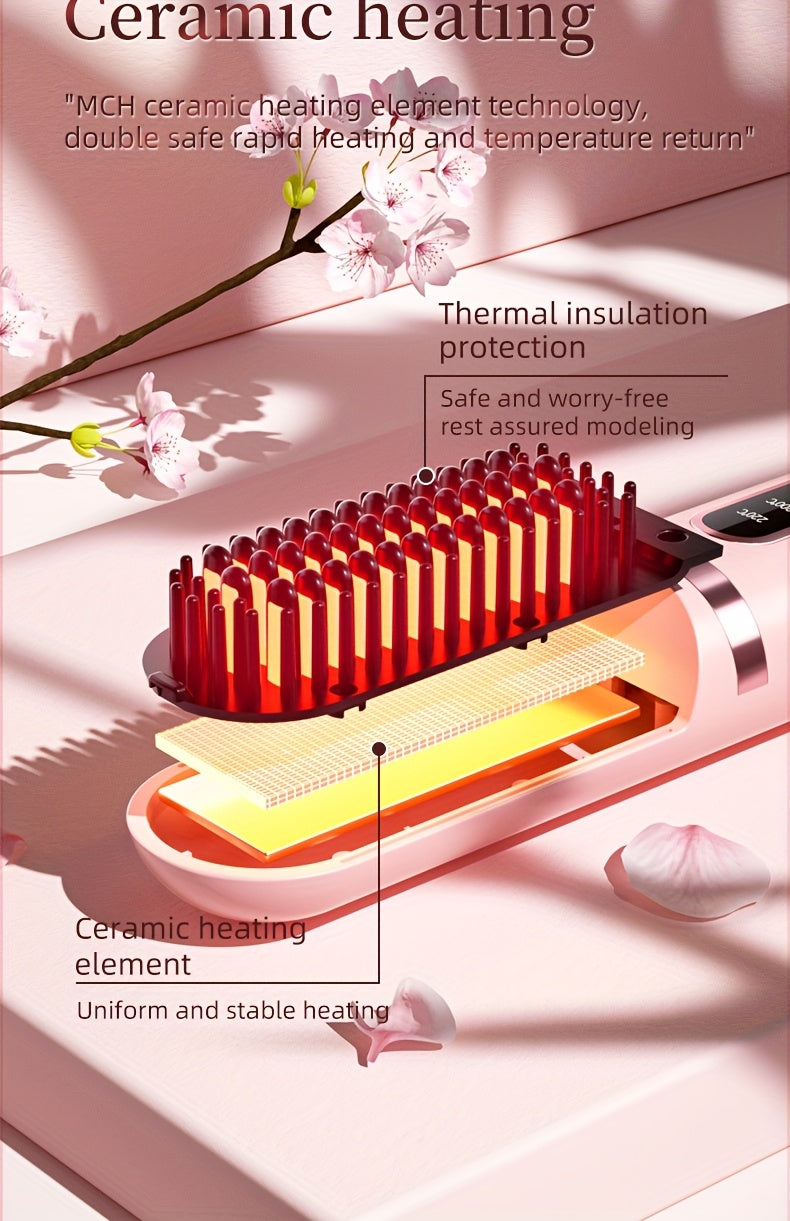 Portable Cordless Hair Straightener Comb - Negative Ion Technology, 30W Fast Hair Straightening, Rechargeable USB-Powered Mini Styling Tool for Dorm, Travel & Home Use (Pink), Sleek Handle Design, Ergonomic Grip, Protective C