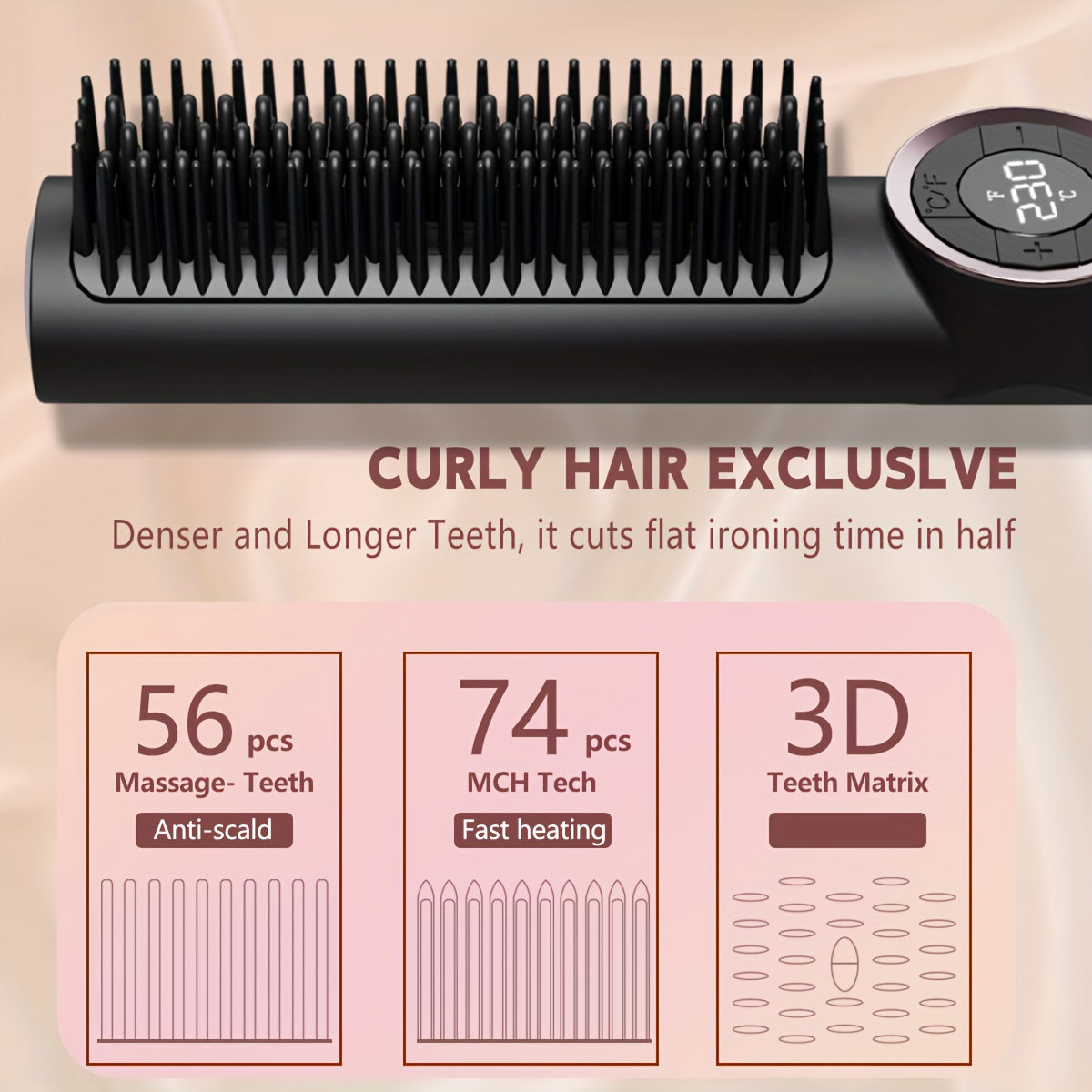 Brosse lissante 2-en-1 avec 15 réglages de chaleur, chauffe en 30s, écran LCD et double voltage, qualité salon