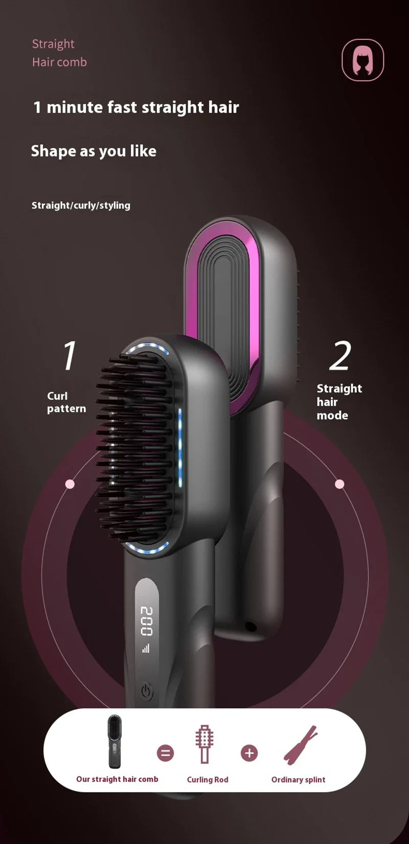 Peigne chauffant lissant/bouclant sans fil, rechargeable, anti-brûlure, avec technologie ionique