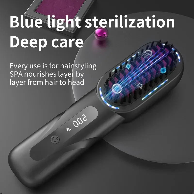 Peigne chauffant lissant/bouclant sans fil, rechargeable, anti-brûlure, avec technologie ionique