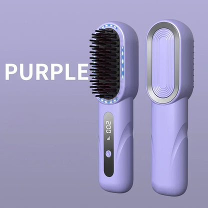 Peigne chauffant lissant/bouclant sans fil, rechargeable, anti-brûlure, avec technologie ionique