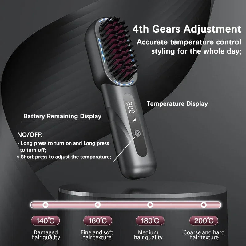 Peigne chauffant lissant/bouclant sans fil, rechargeable, anti-brûlure, avec technologie ionique