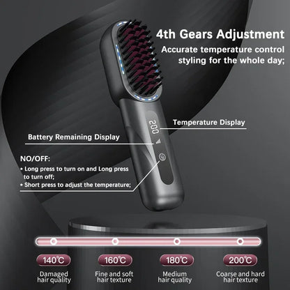 Peigne chauffant lissant/bouclant sans fil, rechargeable, anti-brûlure, avec technologie ionique