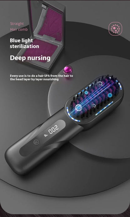 Peigne chauffant lissant/bouclant sans fil, rechargeable, anti-brûlure, avec technologie ionique