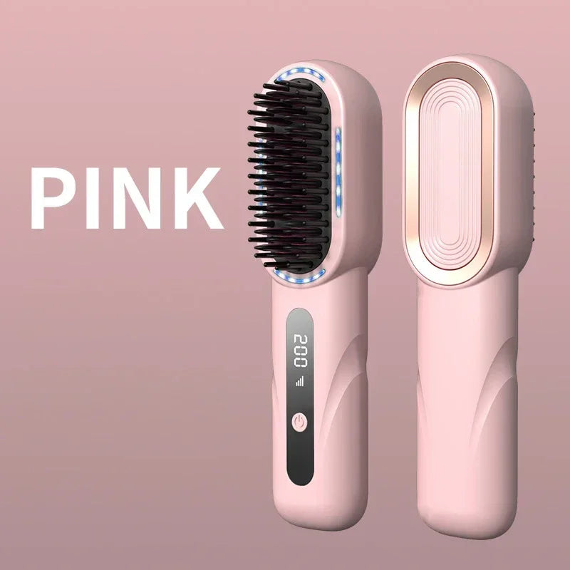 Peigne chauffant lissant/bouclant sans fil, rechargeable, anti-brûlure, avec technologie ionique