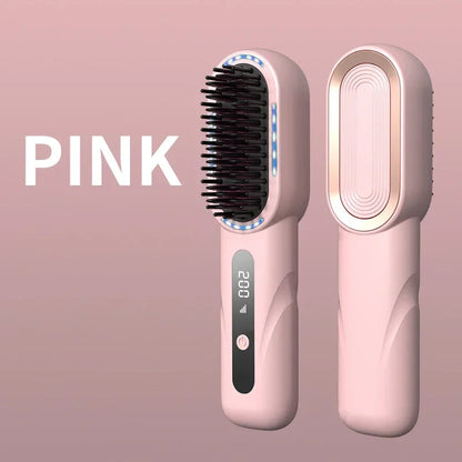 Peigne chauffant lissant/bouclant sans fil, rechargeable, anti-brûlure, avec technologie ionique
