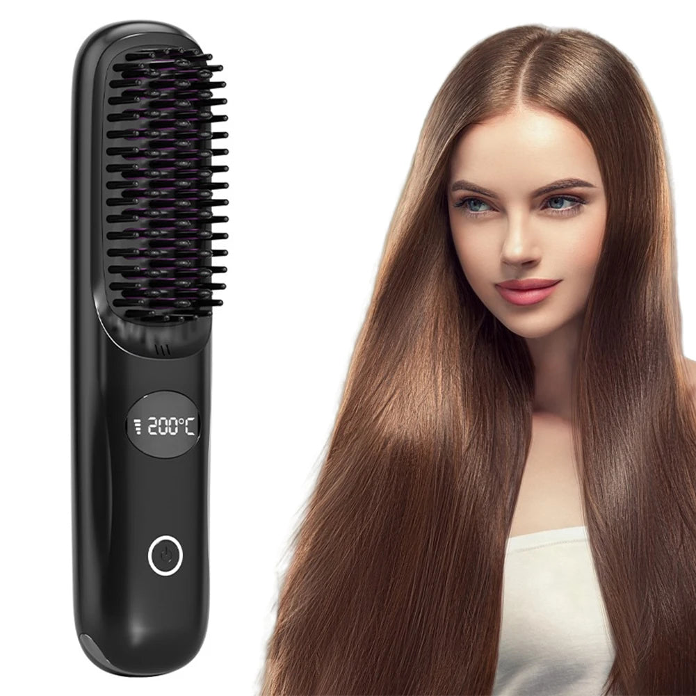 USB rechargeable LCD portable straight hair brush, wireless electric anti scald hot comb straightener, negative ion styling tool