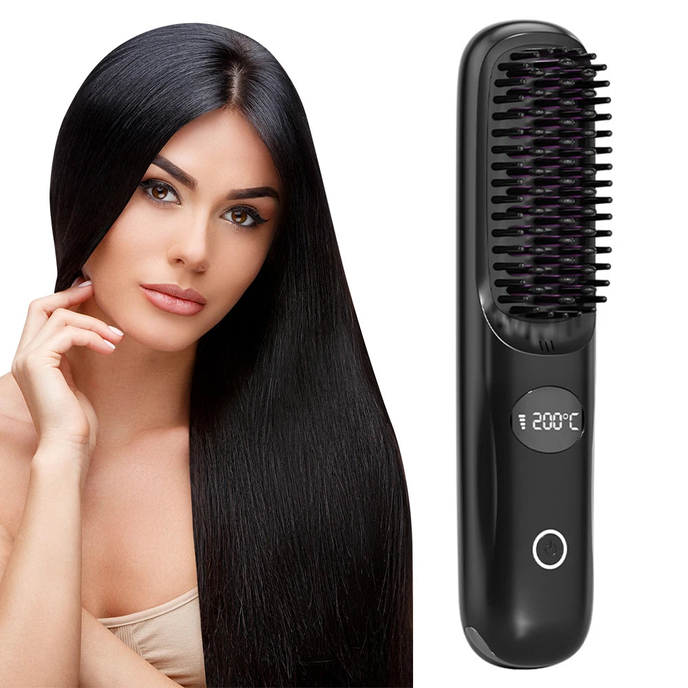 USB rechargeable LCD portable straight hair brush, wireless electric anti scald hot comb straightener, negative ion styling tool