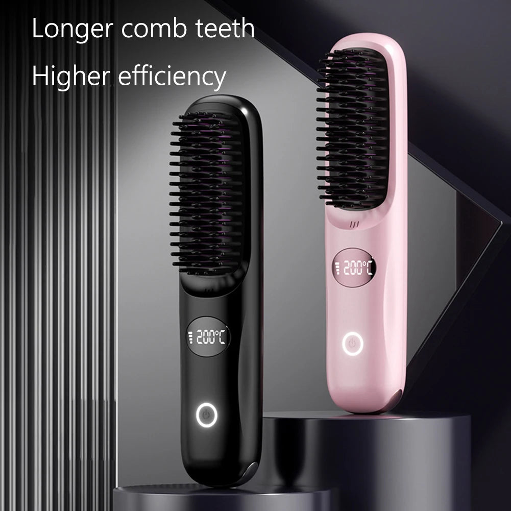 USB rechargeable LCD portable straight hair brush, wireless electric anti scald hot comb straightener, negative ion styling tool