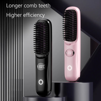 USB rechargeable LCD portable straight hair brush, wireless electric anti scald hot comb straightener, negative ion styling tool