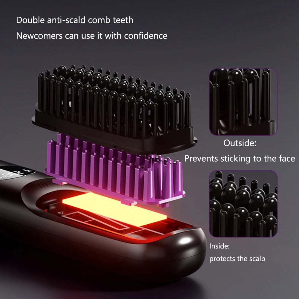 USB rechargeable LCD portable straight hair brush, wireless electric anti scald hot comb straightener, negative ion styling tool