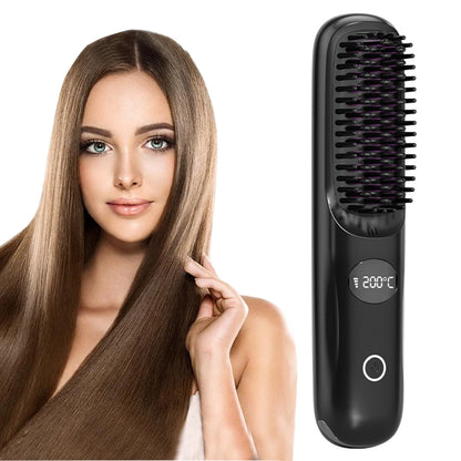USB rechargeable LCD portable straight hair brush, wireless electric anti scald hot comb straightener, negative ion styling tool