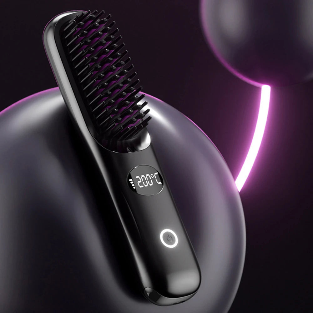 USB rechargeable LCD portable straight hair brush, wireless electric anti scald hot comb straightener, negative ion styling tool