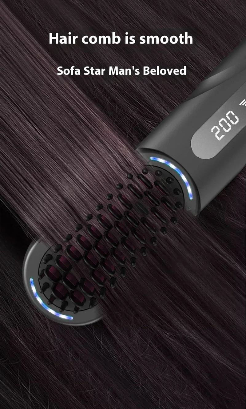 Peigne chauffant lissant/bouclant sans fil, rechargeable, anti-brûlure, avec technologie ionique
