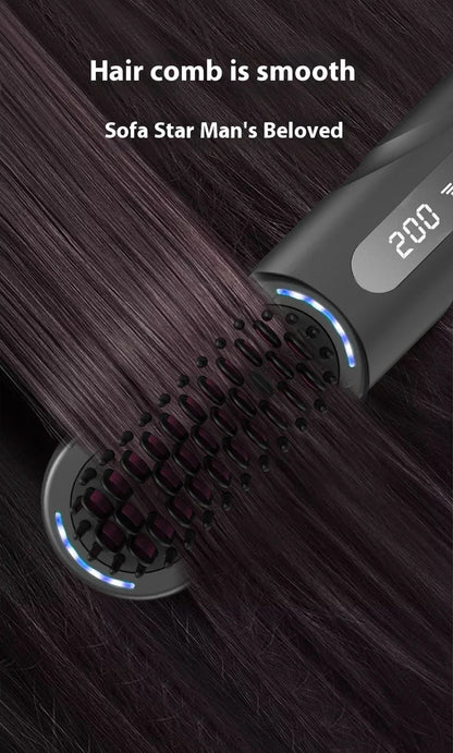 Peigne chauffant lissant/bouclant sans fil, rechargeable, anti-brûlure, avec technologie ionique