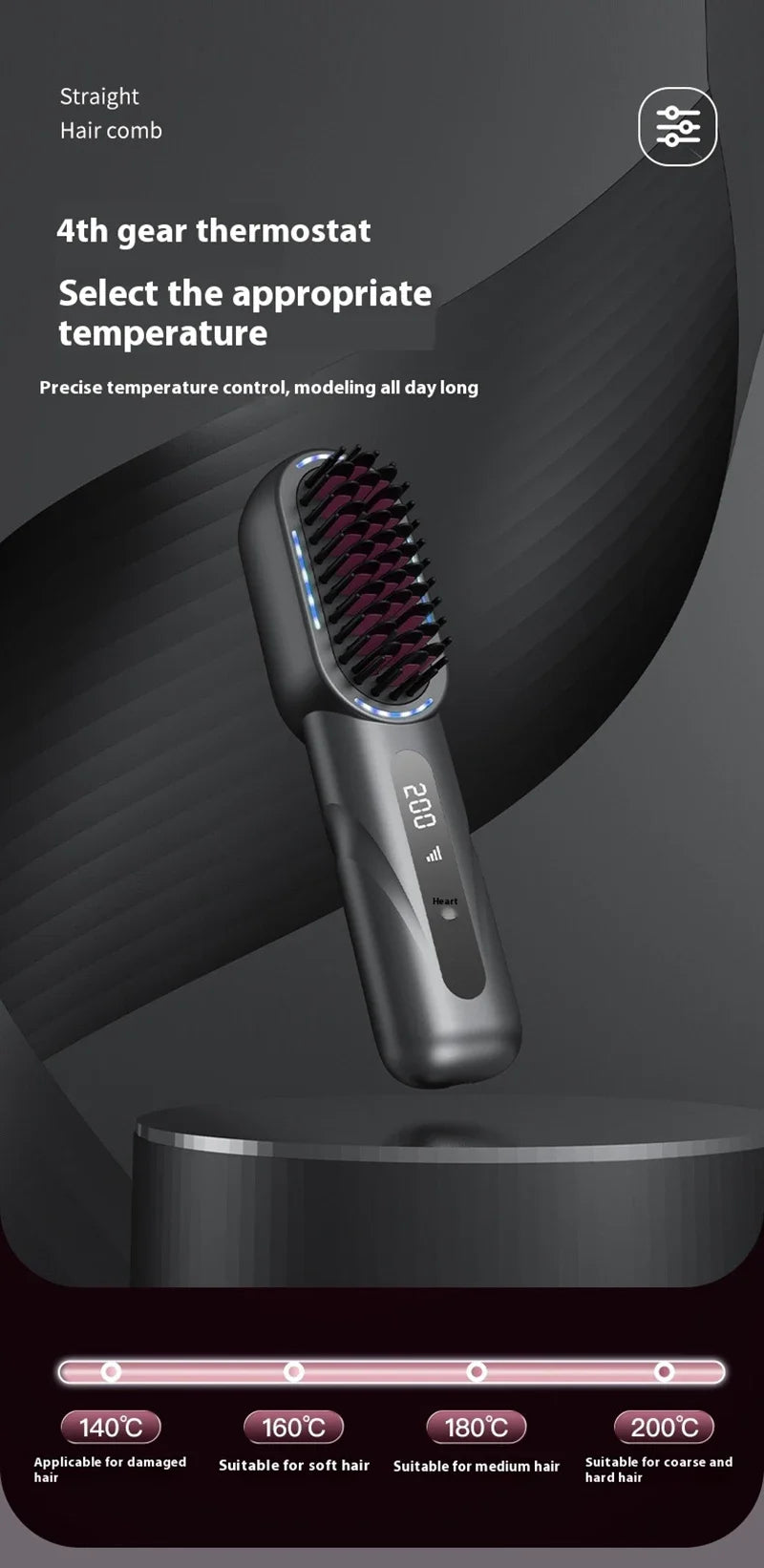 Peigne chauffant lissant/bouclant sans fil, rechargeable, anti-brûlure, avec technologie ionique