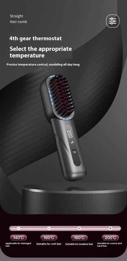 Peigne chauffant lissant/bouclant sans fil, rechargeable, anti-brûlure, avec technologie ionique