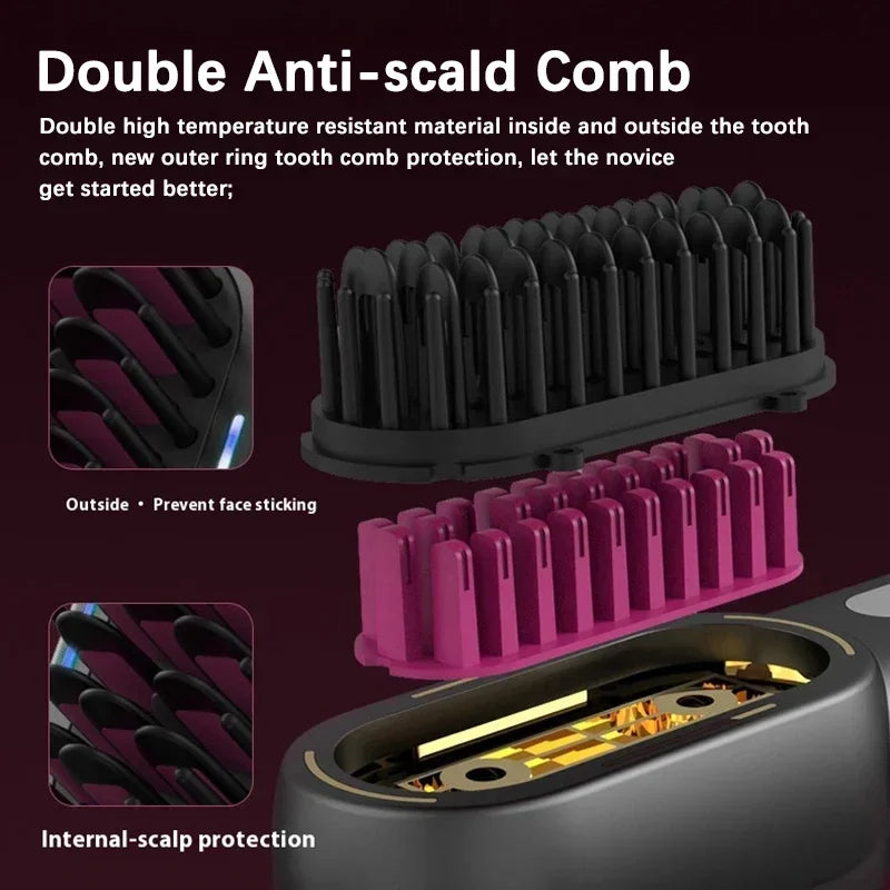 Peigne chauffant lissant/bouclant sans fil, rechargeable, anti-brûlure, avec technologie ionique