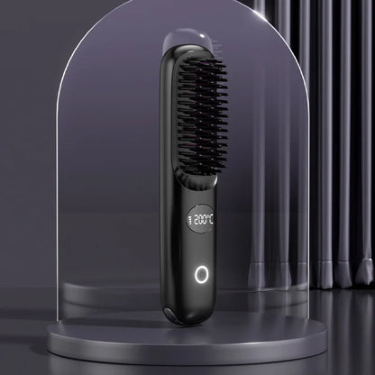 USB rechargeable LCD portable straight hair brush, wireless electric anti scald hot comb straightener, negative ion styling tool