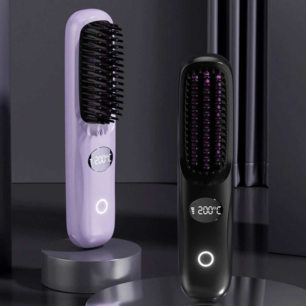 USB rechargeable LCD portable straight hair brush, wireless electric anti scald hot comb straightener, negative ion styling tool