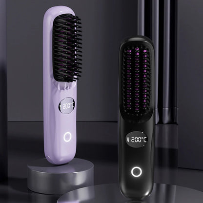 USB rechargeable LCD portable straight hair brush, wireless electric anti scald hot comb straightener, negative ion styling tool